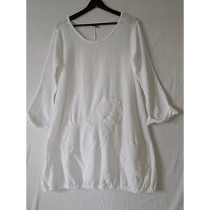 CottonWays White Beachy Tunic Dress Balloon Hem Floral Applique Loose Fit Size M